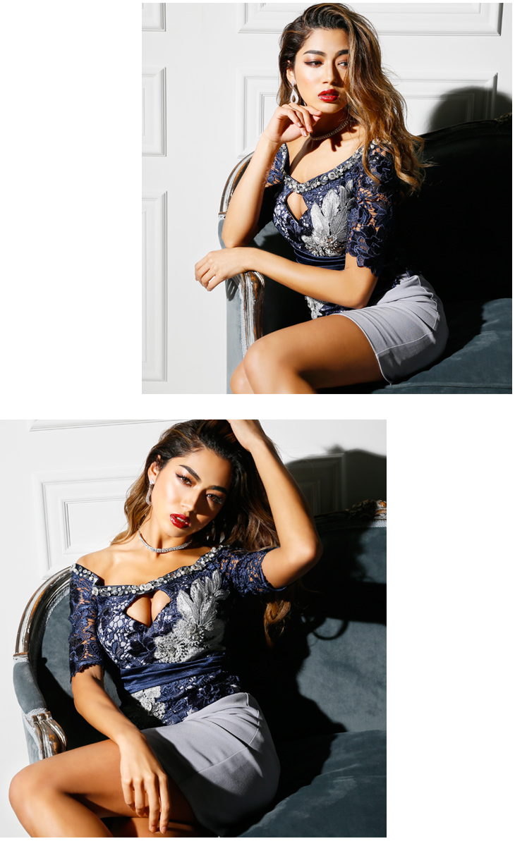 ケミカルレース フラワー刺繡 袖あり オフショルダー タイトミニドレスのイメージ画像2