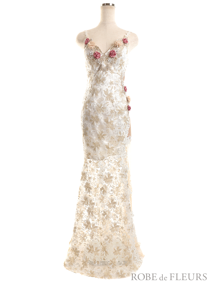 【XSサイズあり】3Dフラワーモチーフ×ラメ刺繍レースロングドレス(fm2158)