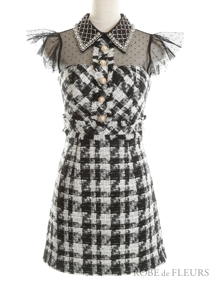 ビジュー襟 ツイードフリル ノースリーブ 台形スカート フレアミニドレスのカラーバリエーション