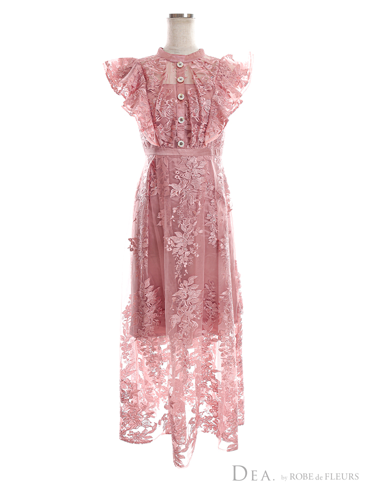 シースルーフリル 刺繍レース ノースリーブ フレアひざ丈ドレスのイメージ画像3