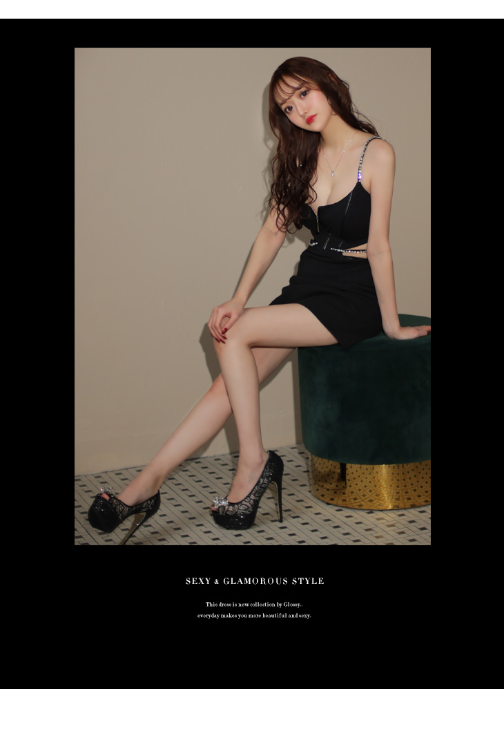 ウエストビジュー カット フロントジッパー ペチコート付き キャミソール 台形スカート フレアミニドレスのイメージ画像3